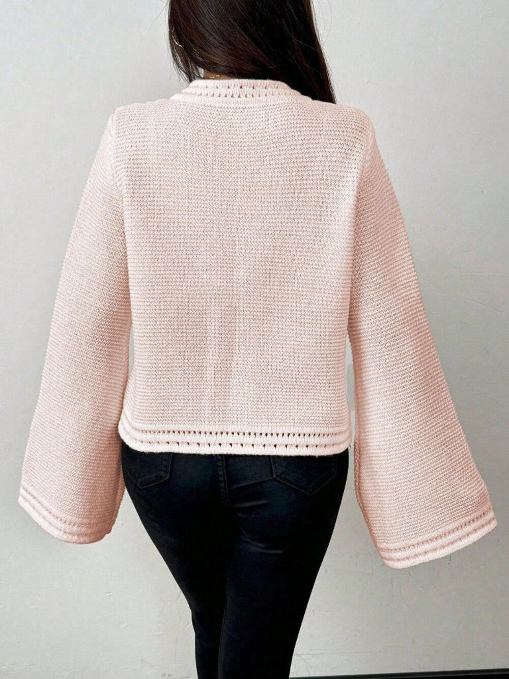 Baby Pink Casual Women's Tie Flare Sleeve Cardigan - Picture 2 of 6